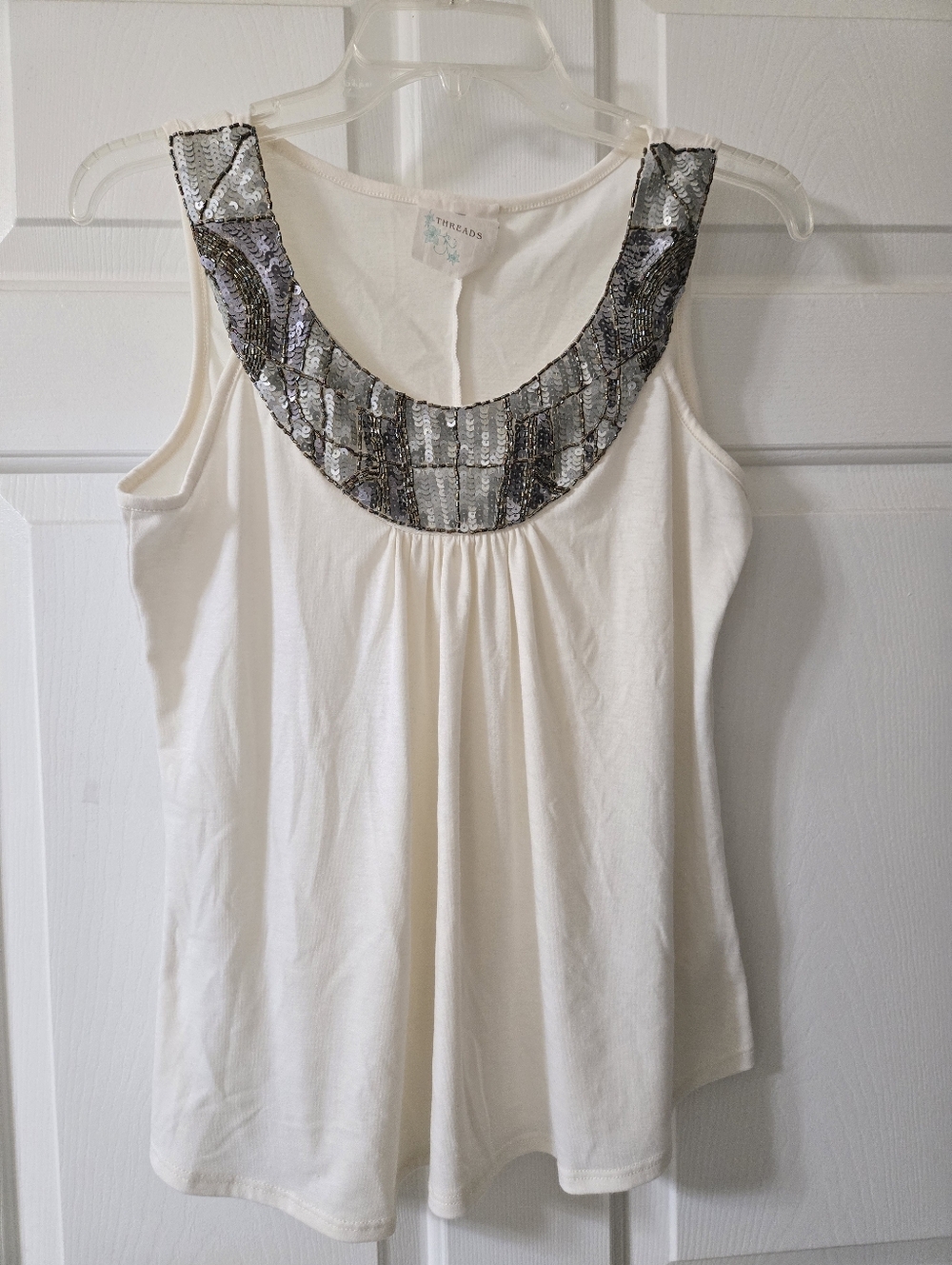 Cream Tank with Silver Beaded Neckline
